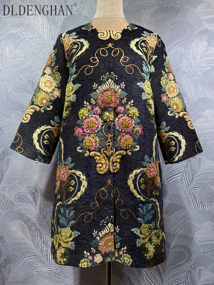 

DLDENGHAN Diamonds Beading Vintage Jacquard Coat for Women O-Neck 4/3 Sleeved Concealed Buttons Outerwear Autumn Females