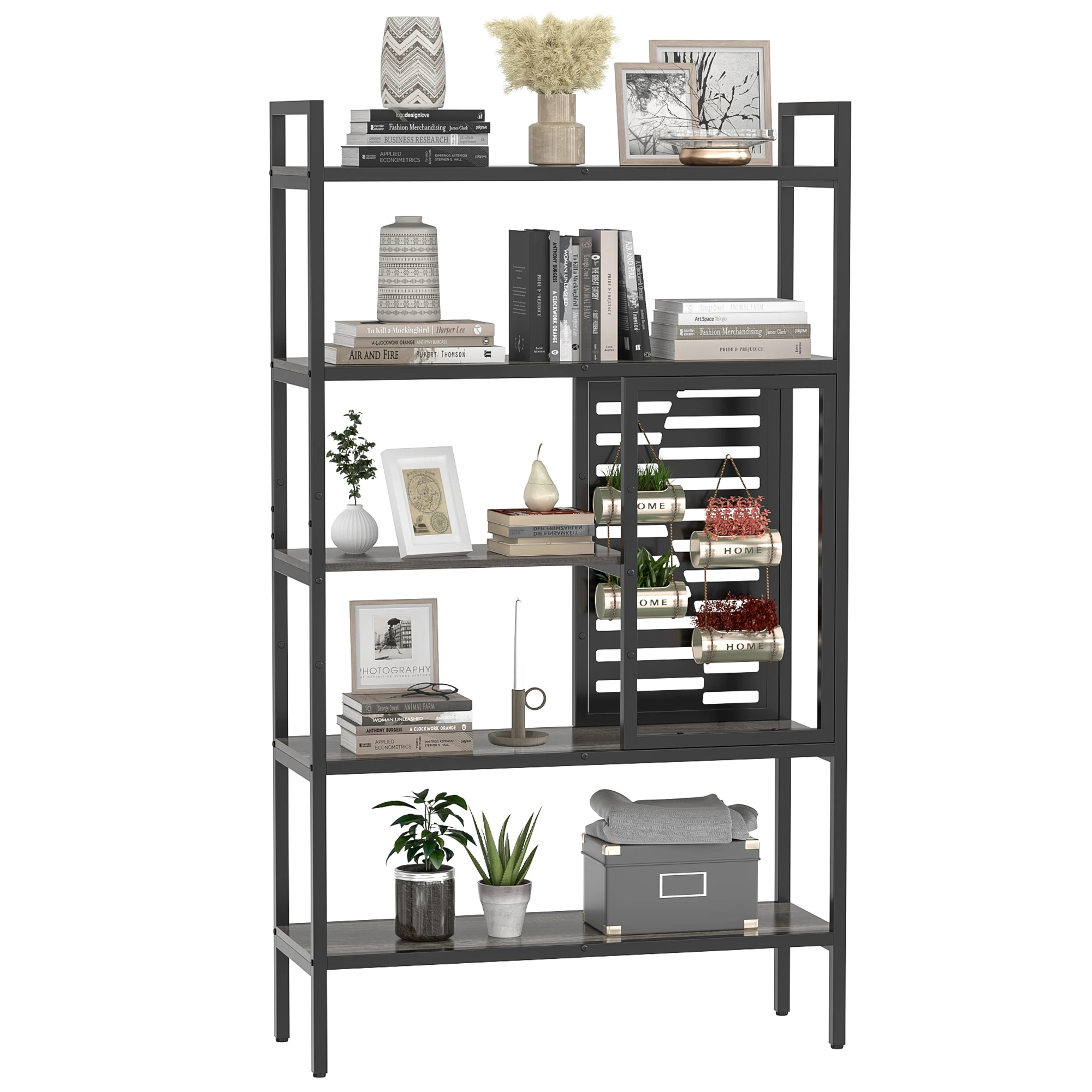 

5-Tier Adjustable Industrial Bookshelf, Wooden Bookcase with Open Storage Standing Shelving for Office Living Room Kitchen