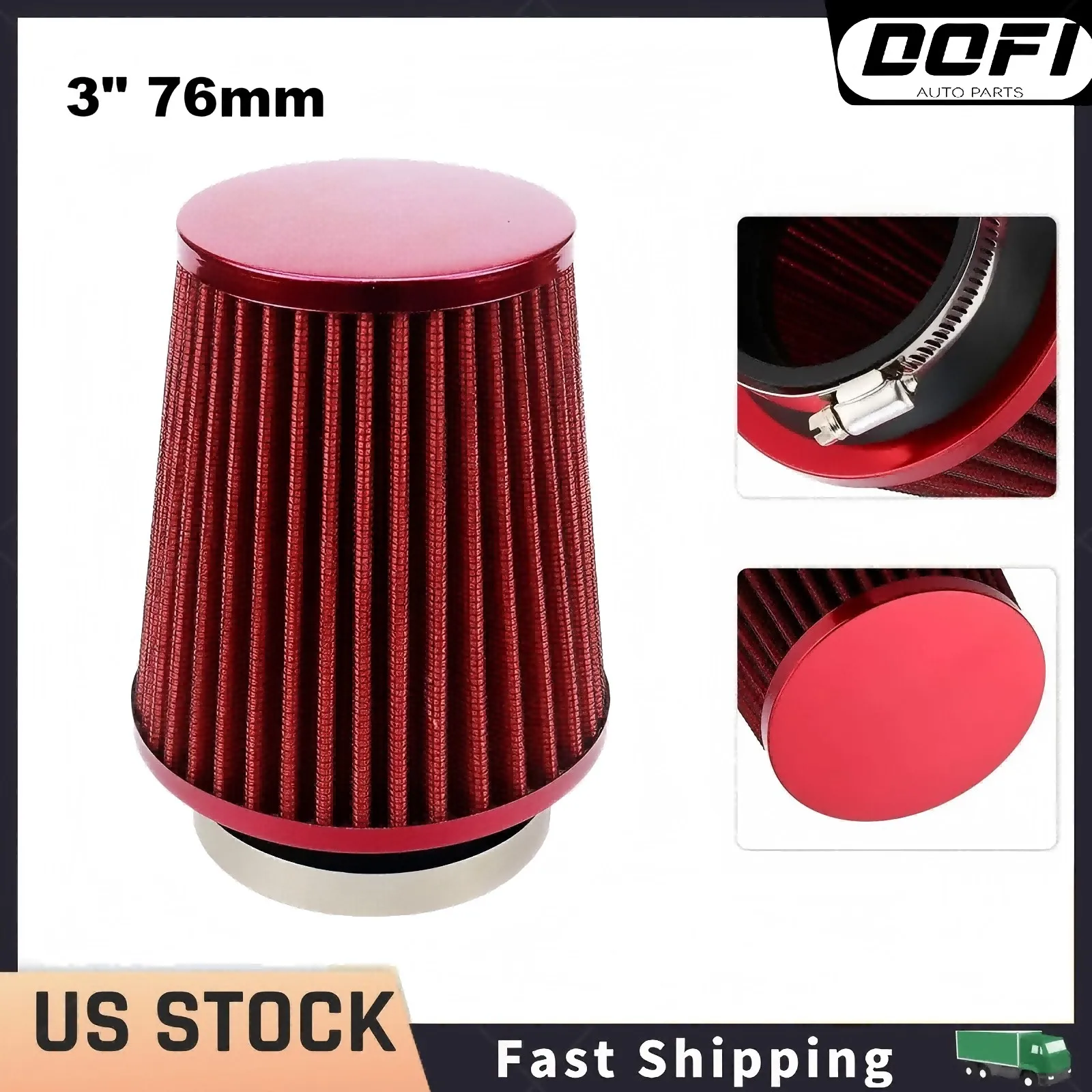 

3" 76mm High Flow Inlet Cleaner Dry Filter Cold Air Intake Cone Replacement Red