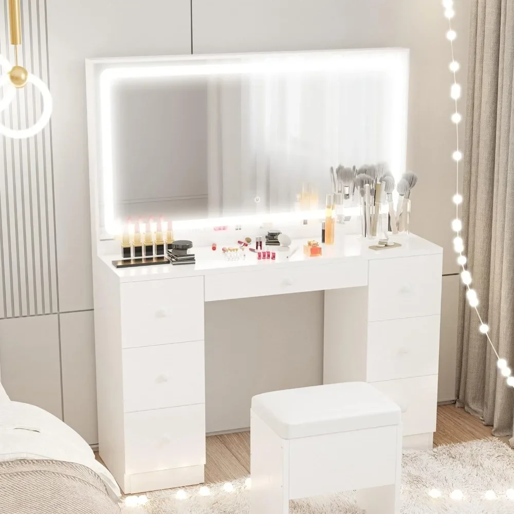 Dressing table, set with LED illuminated mirror and power socket, 7-drawer dressing table, with stool, dressing table