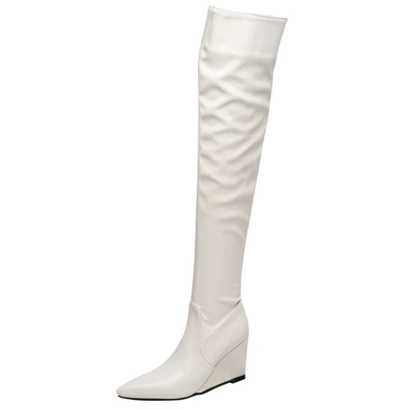 SGESVIER Sexy Over the Knee High Boots Women Heel Pointed Toe Thigh High Long Modern Boots Lady Shoes Black White Wedge Footwear image 2