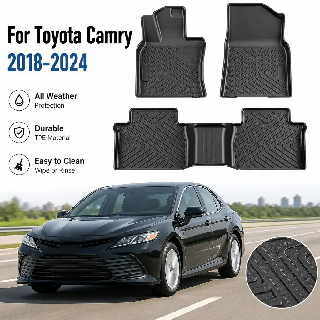 3pcs/set All-Weather Floor Mats for Toyota Camry 2018-2024 TPE Rubber Car Liners, Full Set Front & Rear, Waterproof & Anti-Slip