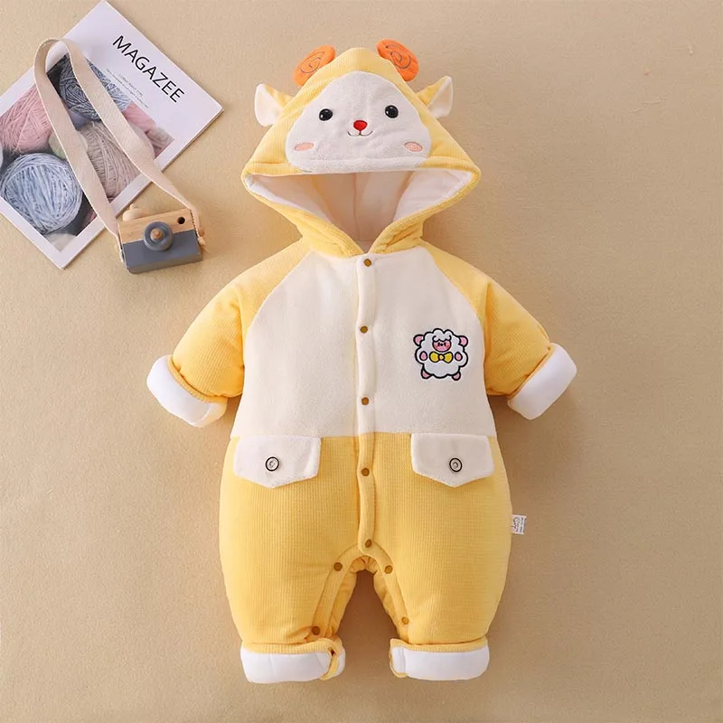 Baby Crawling Clothes Cute Cartoon Hooded Warm Long Sleeve Jumpsuit, Boys And Girls Button Down Fall/Winter Onesie Romper