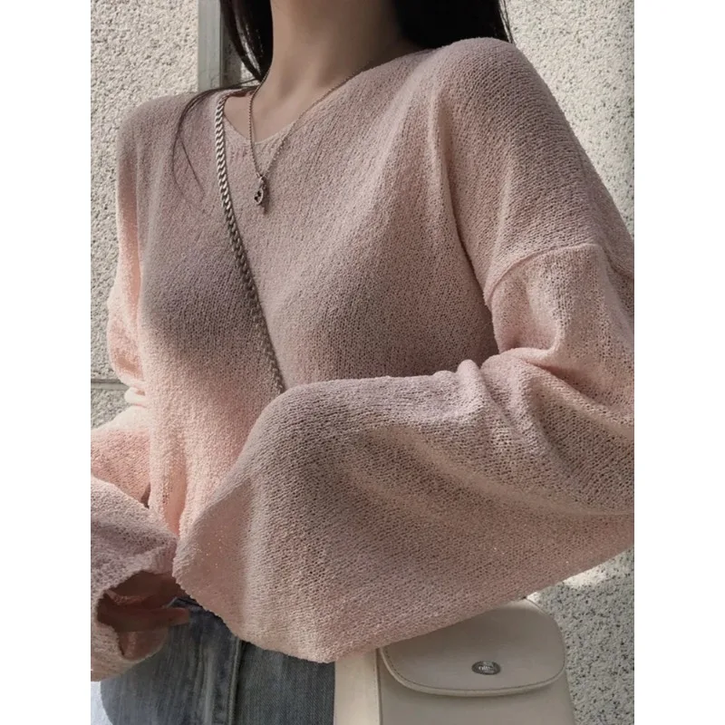 

Loose Vintage Harajuku Long Sleeve Women Sweater Korean 2025 Spring Summer Knitwear Soft Thin Tops Chic Solid Femme Sweater