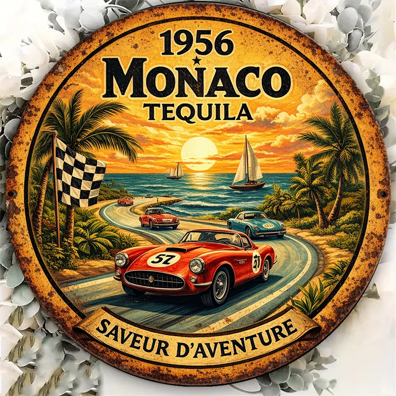 2D Flat Round Sign, Related to 1956 Monaco Racing Vintage Plaque, Monaco Racing Decorative Sign, Suitable for Bar, Garage