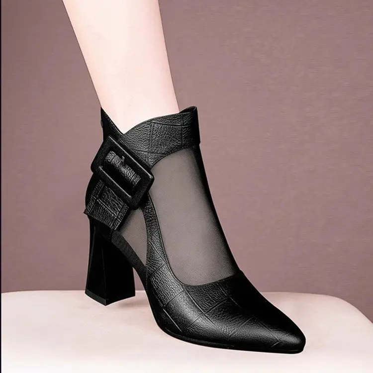 Women Genuine Leather Chunky Heel Mesh Boots High Heel Hollow Out Sandals 2026 Summer Buckle Large Size