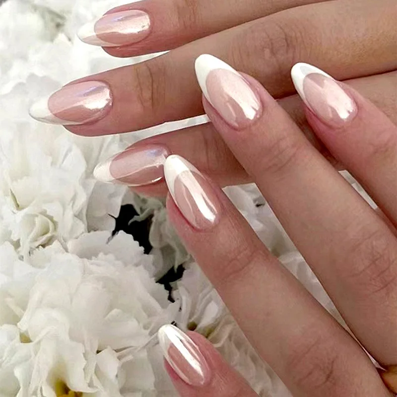 

24PCS Almond False Nails Simple Elegant French Tip for Daily Easy To Apply Nails Press Ons Electroplating High Quality Wearable