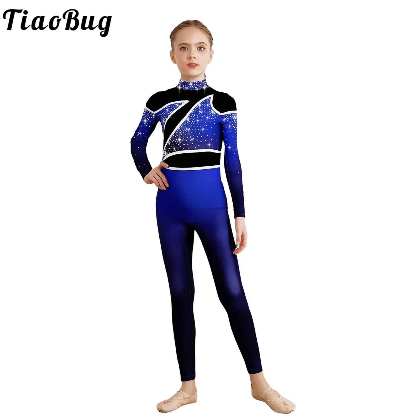 

Girls Gymnastics Leotard Dance Dresses Skating Performance Jumpsuit Ballet Gradient Print Long Sleeve Rhinestones Full Bodysuit