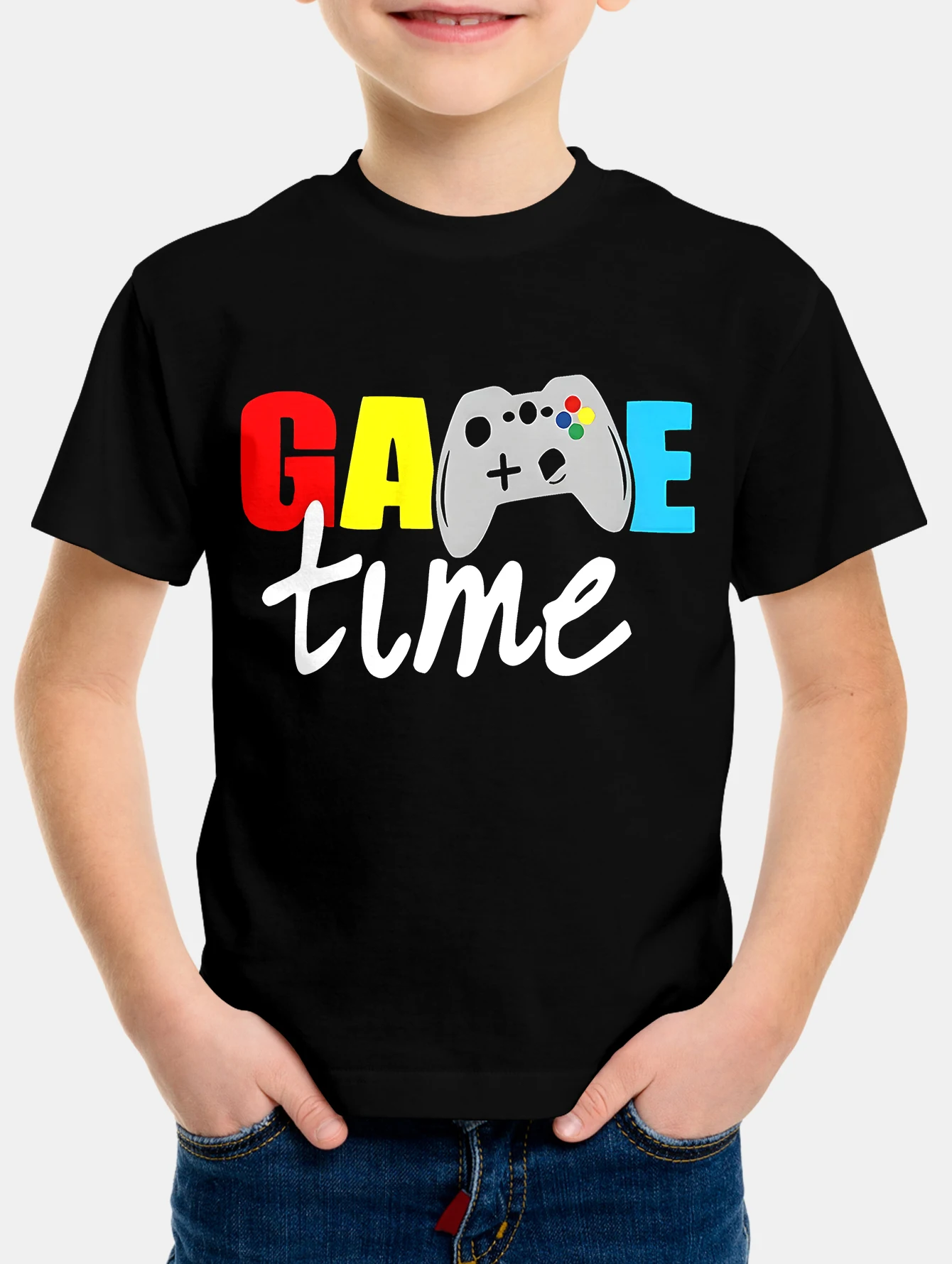 Camiseta infantil com estampa gamepad legal, blusa confortável de manga curta para meninos, streetwear perfeito com o pescoço, casual divertido de verão