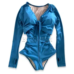 Stylish Triangle Fajas Long Sleeve Double Shaped Bodysuits Thong Tummy Control with Bra Classic Blue Summer Swimsuit Shapewear