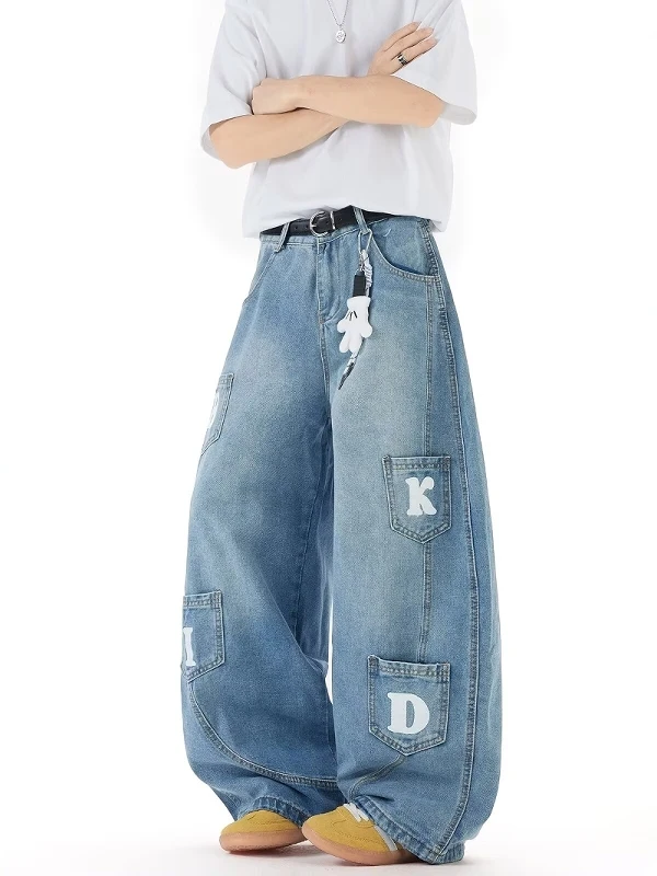 

Джинсы из джинсовой ткани в американском стиле ретро, мужские свободные широкие брюки с принтом, повседневные длинные брюки High Street