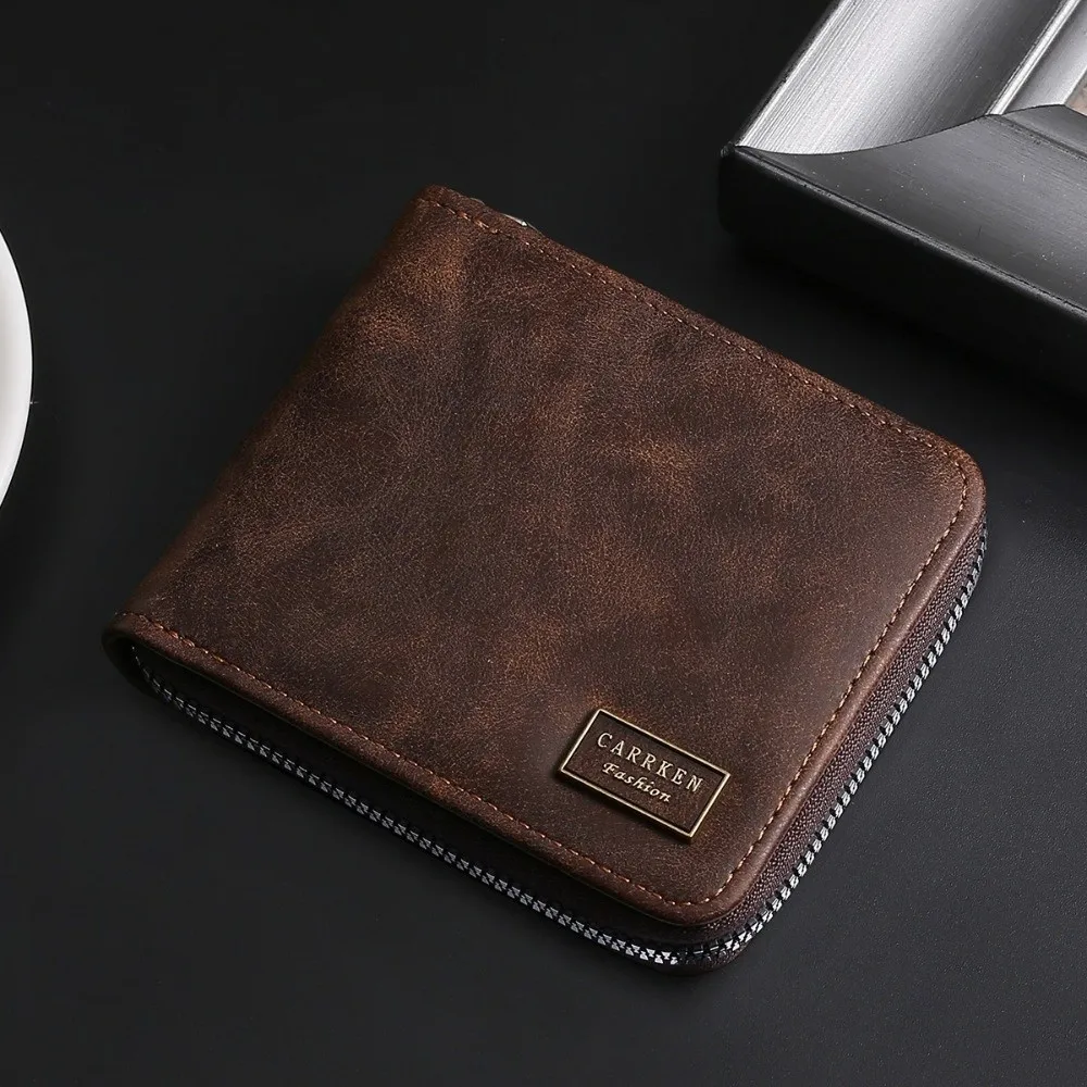 Cartera corta Retro multiposición para hombre, monedero fino de cuero PU de gran capacidad con cremallera, tarjetero multifunción para hombre