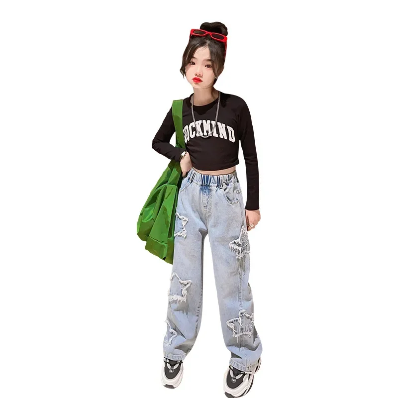 Girls Jeans 2026 Spring New Paste Cloth Five-pointed Star Wide Leg Pants Kids Trendy Teenage Children's Trousers 8 10 12 Years