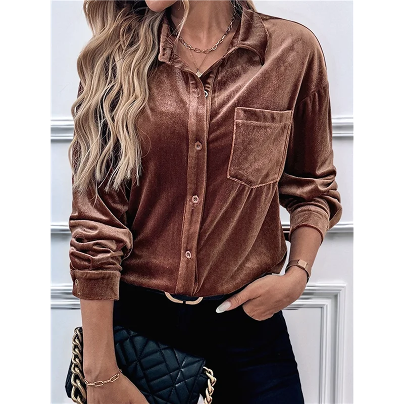 CGS-Damski zimowy kardigan z długim rękawem, aksamitny, zapinany na guziki, casualowy top, koszula, bluzka damska, kolor kawowy brązowy, rozmiar S