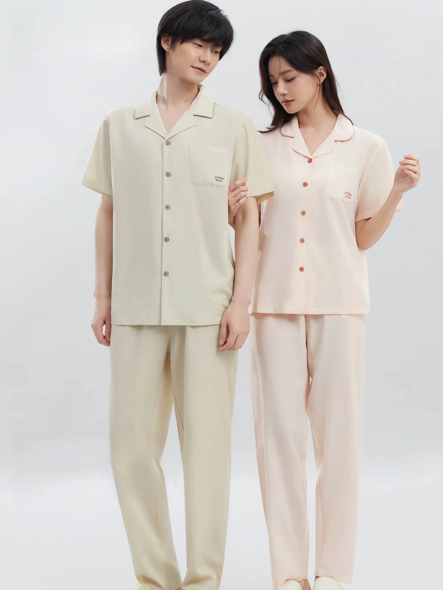 Deep Sleepwear Couple Set Lyocell Linen Cotton Blend Summer Thin Short Sleeve Home Clothes Men Women Ultra Soft Straight Leg ...