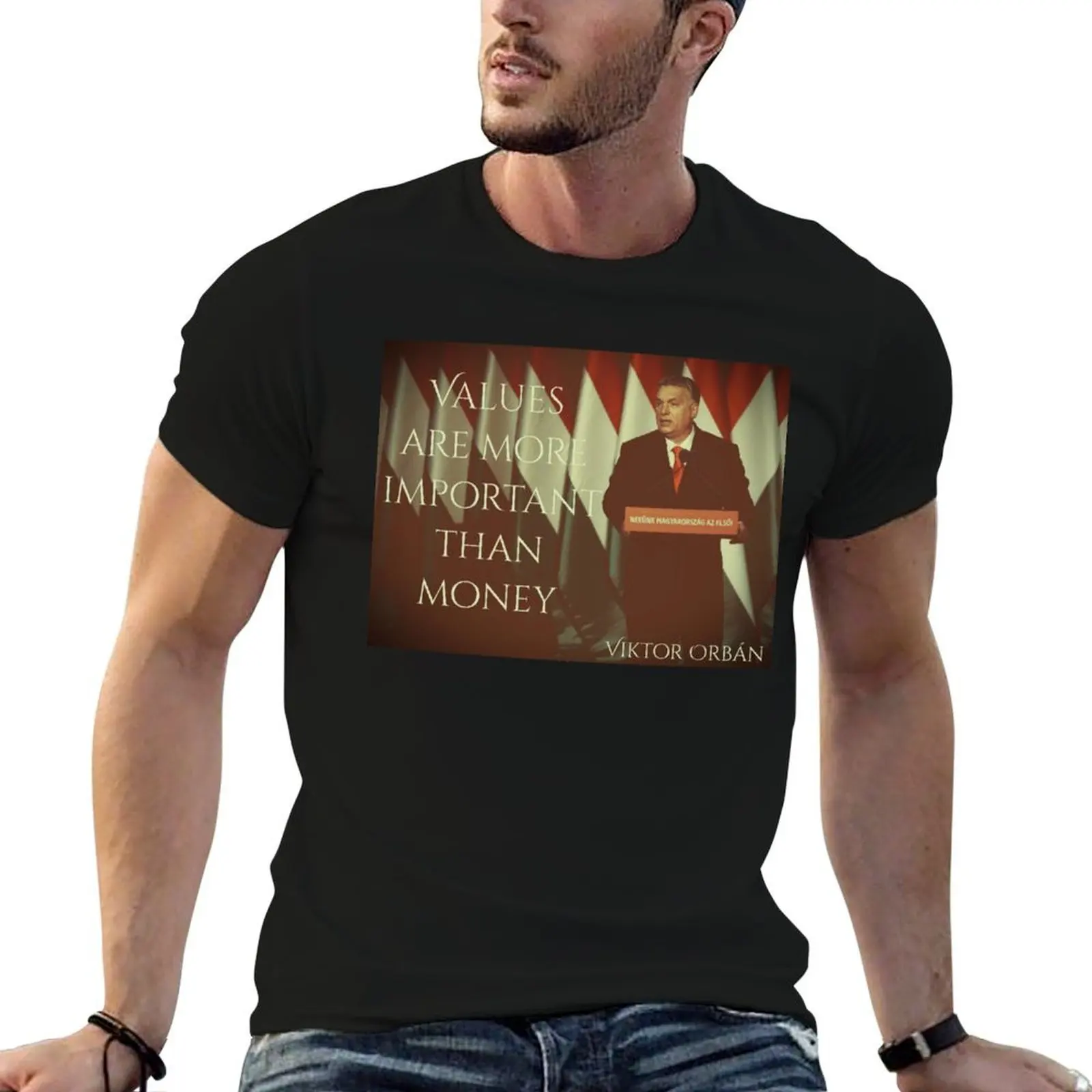 Viktor Orban- On Values and Money T-Shirt summer tops shirts graphic tee t shirt for men
