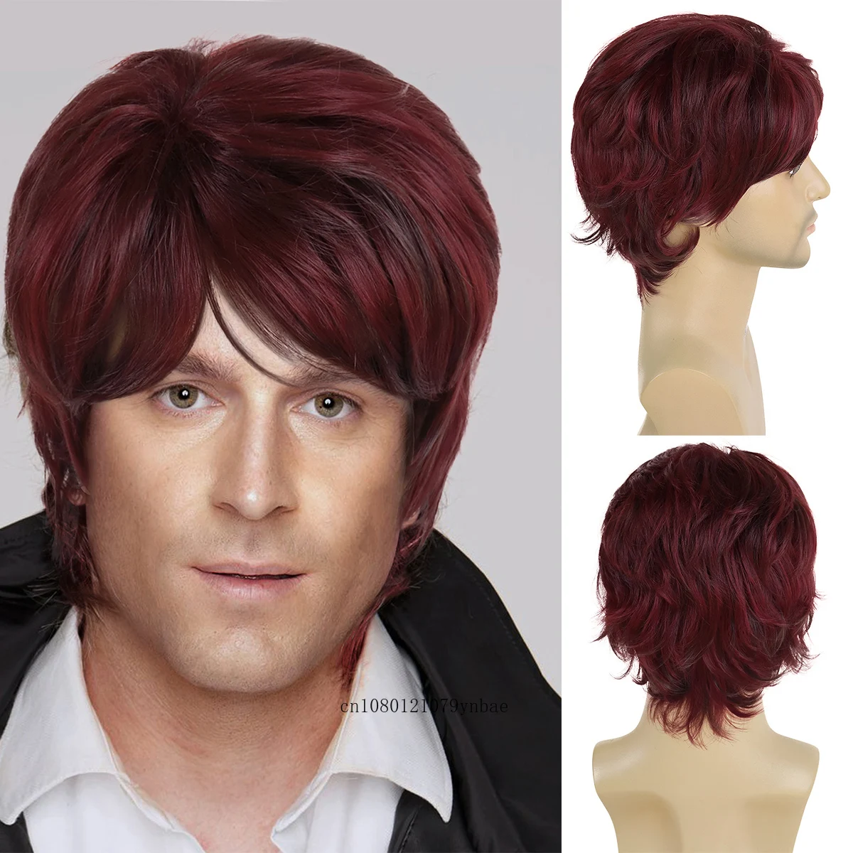 

Wine Red Wigs Synthetic Fiber for Men Short Haircuts Loose Wigs with Bangs Natural Looking Heat Resistant Daily Cosplay Party