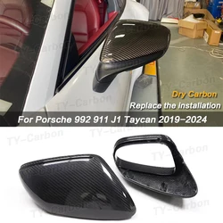 For Porsche 992 911 J1 Taycan 2019-2024 Rear View Mirror Cover Dry Carbon Fiber Replacement Rearview Side Shell Cap Clip