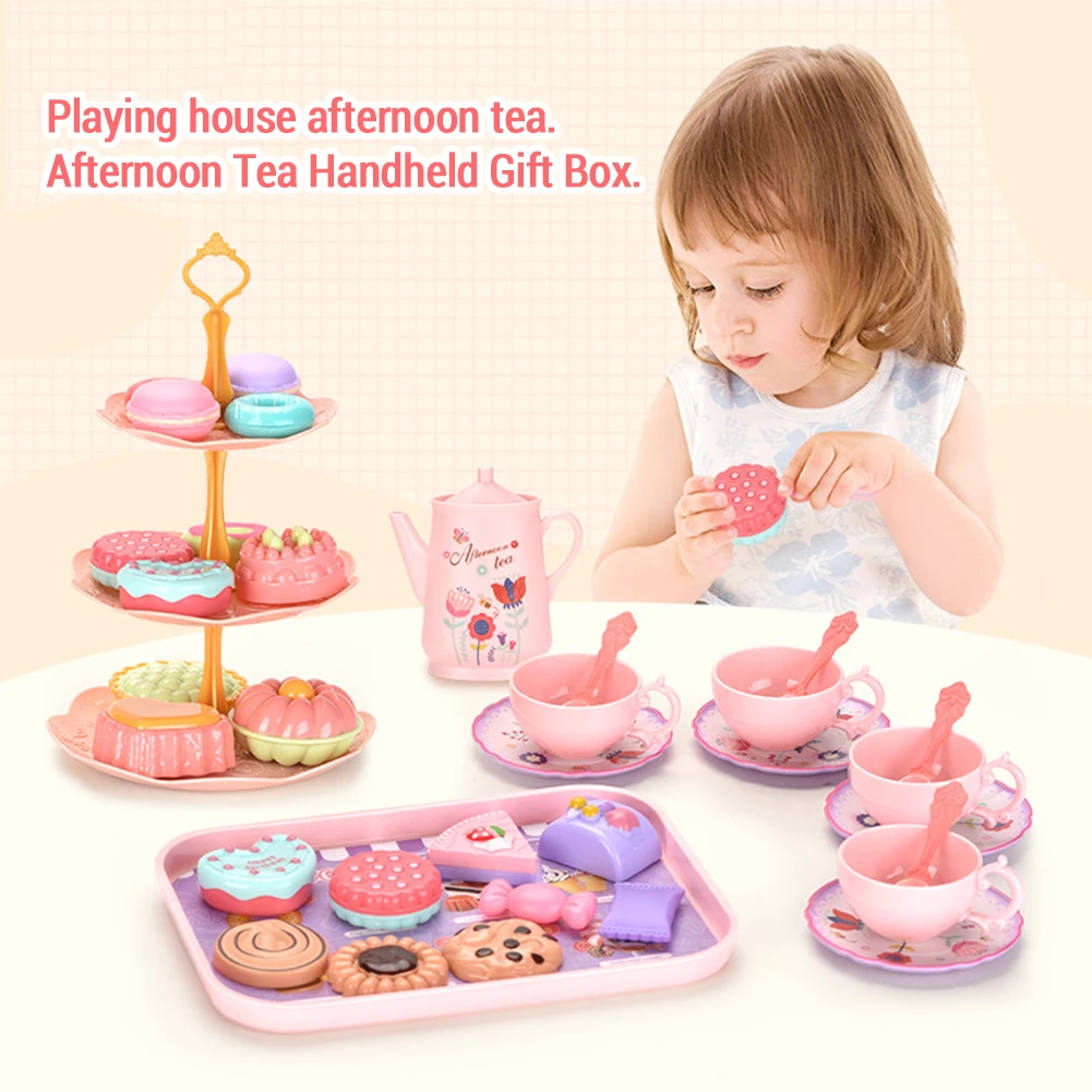 Kids Afternoon Tea Toy Set With Carrying Case Tea Set Pretend Play Kitchen Toy With Teapot Dessert For Girls Boys