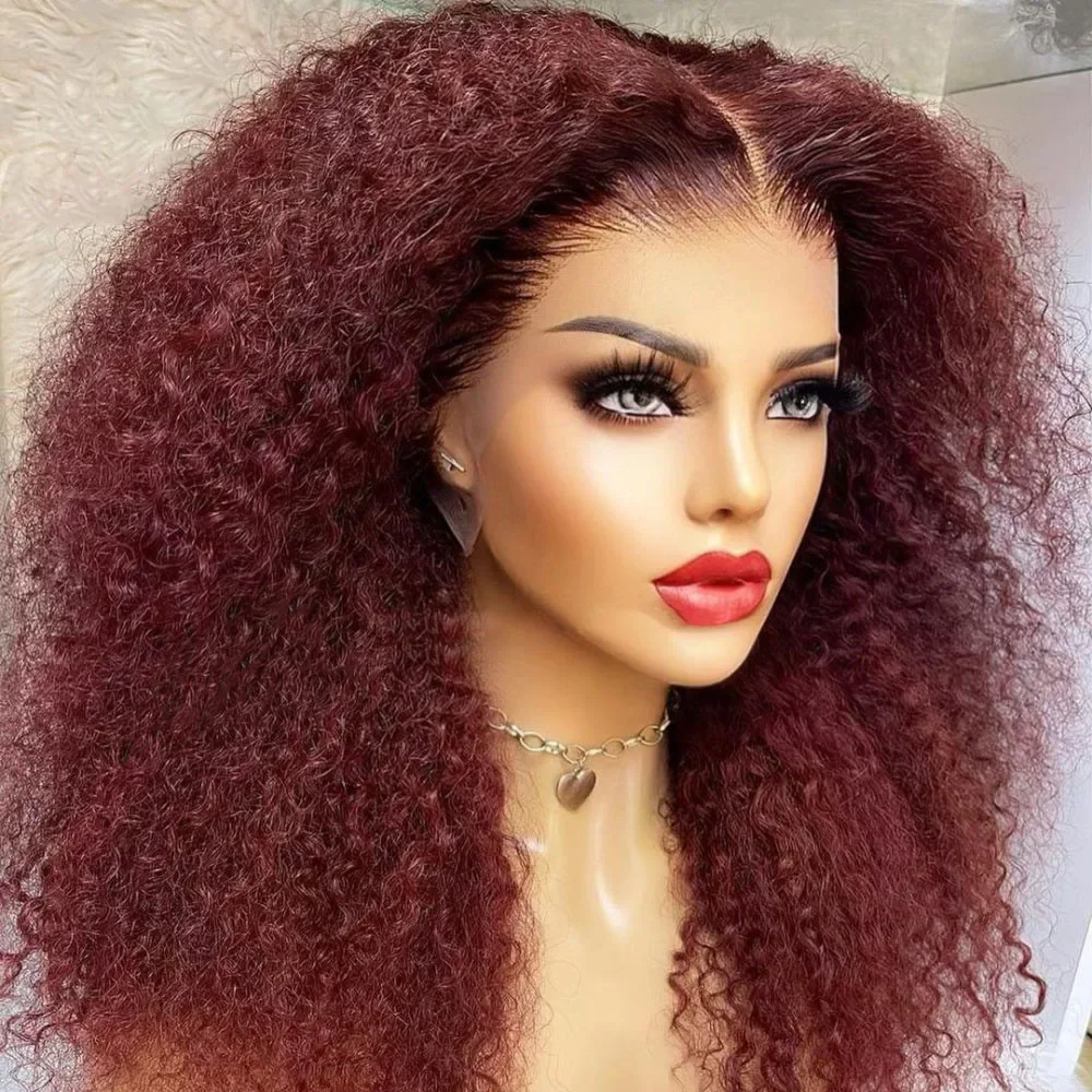 Perruque Lace Front Wig sans colle bouclée rouge vin synthétique pour femme, cheveux de bébé crépus, densité 180, degré de chaleur, pré-plumée, 26 po