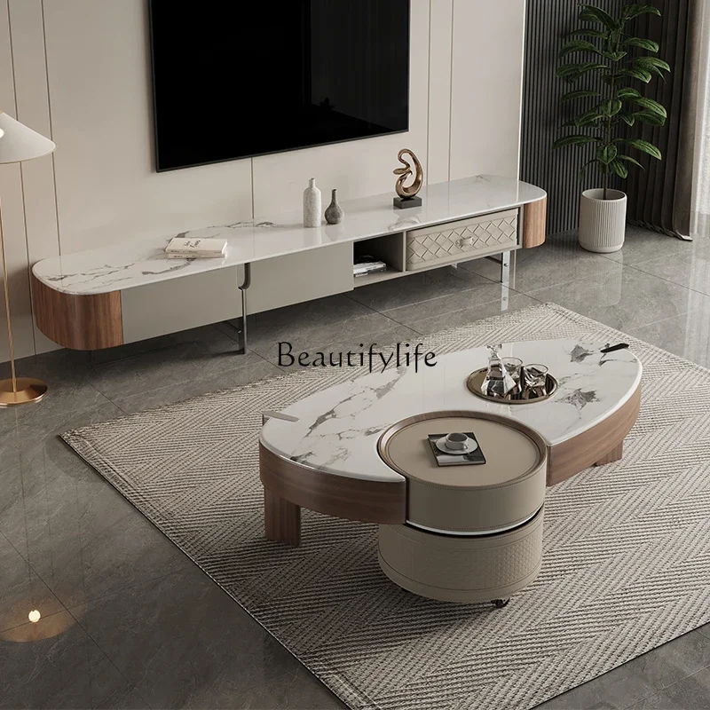 

TV cabinet coffee table combination light luxury high sense designer microcrystalline stone oval coffee table