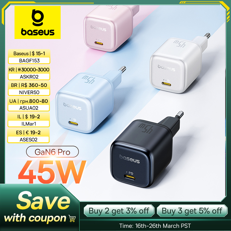  【New Sale】Baseus Picogo 45W PD Charger For iPhone 16 Pro Max GaN Charger Type C USB Charger Portable Fast Charger For iPhone 15 