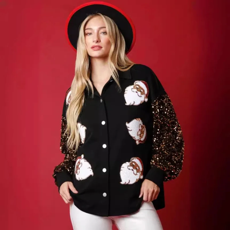 

New Women's Santa Claus Decoration Long Sleeved Button Down Sweater with Sequined Sleeves Jacket for Women