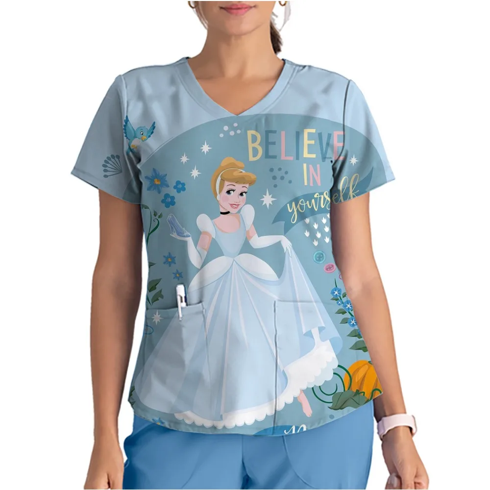 Summer women's nurse uniform printing V-neck Disney Cinderella care top Pet store work uniform nurse care T-shirt