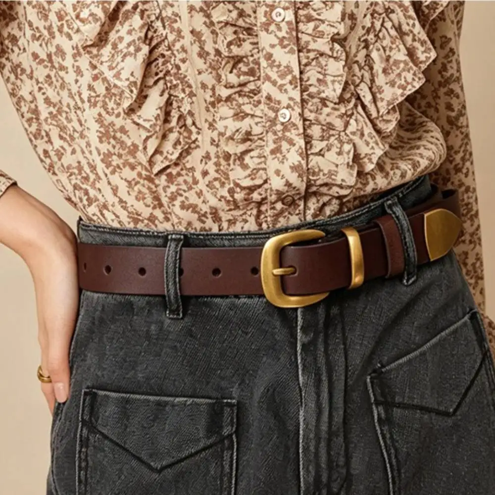 Zency Women's Top-Grain Cowhide Belt Genuine Leather Vintage Classic Pin Buckle Korean-Style Versatile for Jeans Dresses Coat