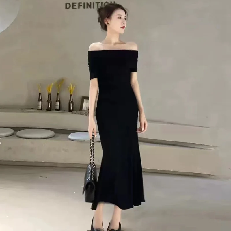 

French Sexy Black Off Shoulder Slash Neck Wrapped Buttock Dress for Women 2024 Summer Sheath Slim Fit Temperament Elegant Dress