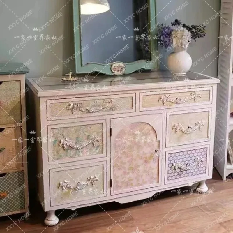 X-S country six chest bedroom solid wood carving flower mix and match multi-element TV multi-functional entrance HG