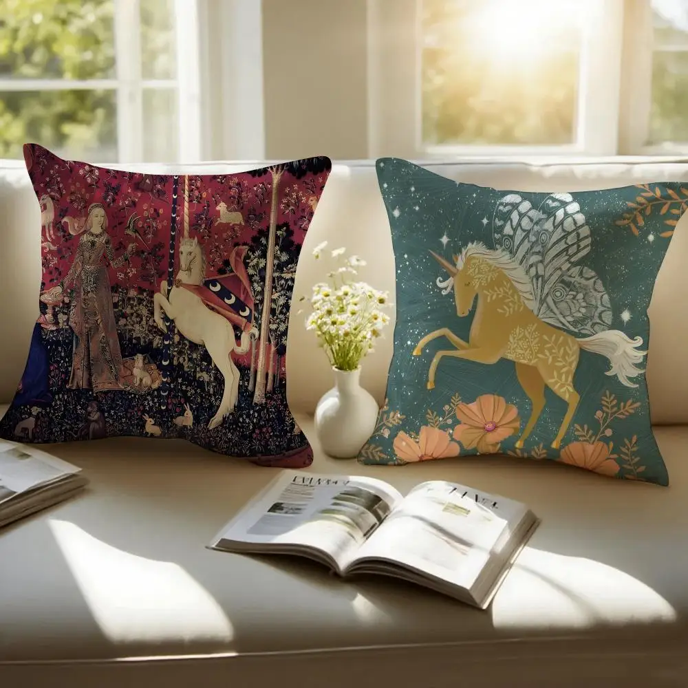 Mystical Fantasy Art Medieval Unicorn Cushion Cover Pillowcase Anti-dustmite Invisible Zipper Short Plush Sofa Cushion