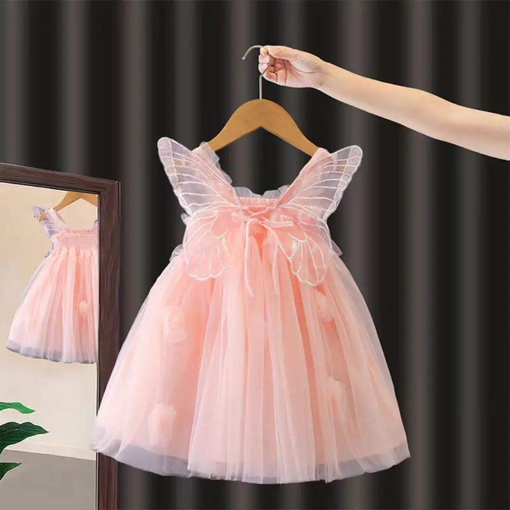 Vestido de princesa com cadarço para meninas, sem mangas, renda, vestido bolha, novo design, casual, asa de borboleta, pettiskirt