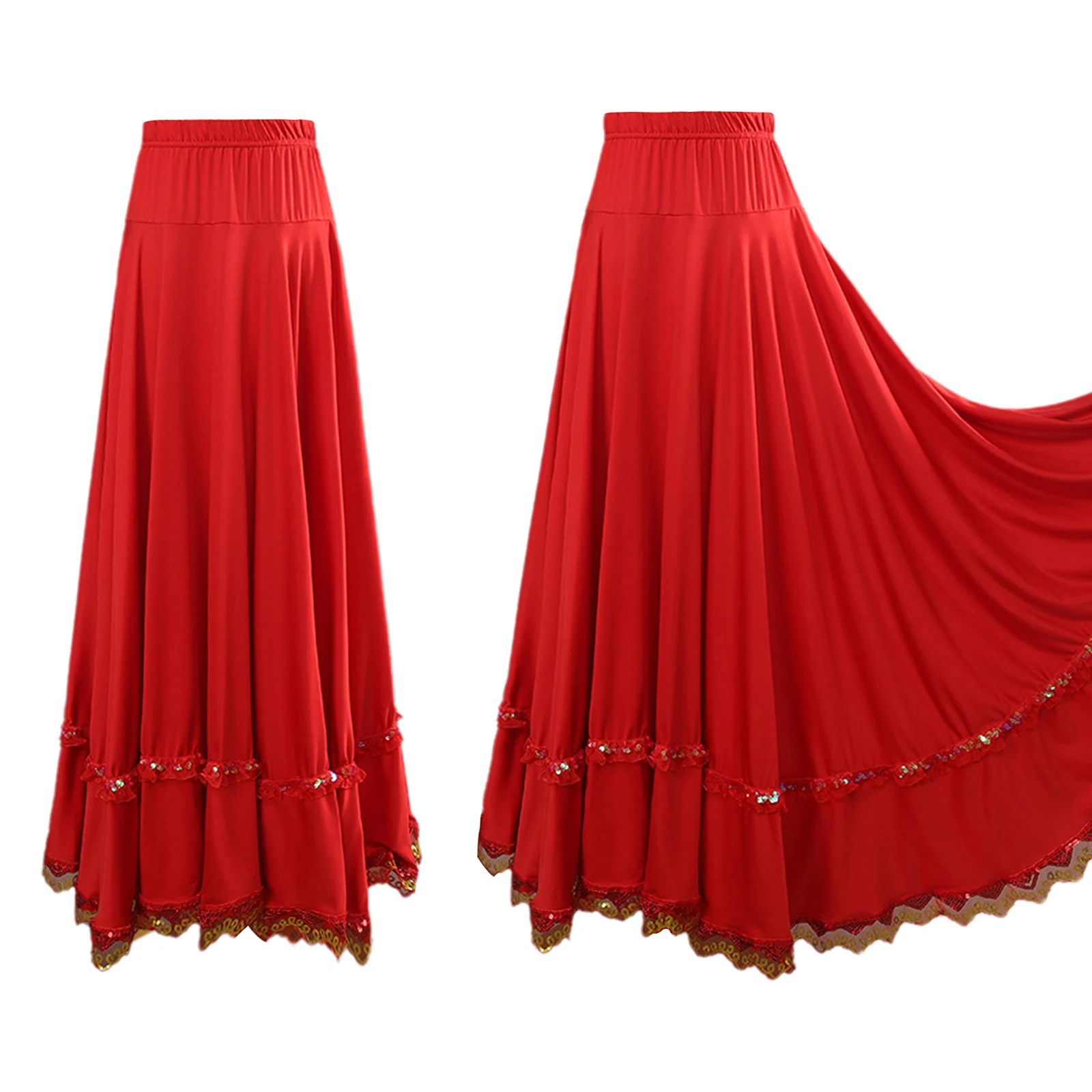 Saias de flamenco espanhol feminino trajes de dança étnica de salão círculo completo saia longa elástica cintura alta babados renda guarnição saia