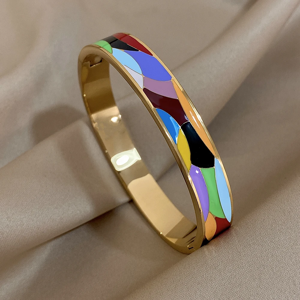 Greatera Vintage Enamel Stainless Steel Cuff Bracelet Bangle for Women Colorful Pattern Pulseras Gold Plated Party Jewelry