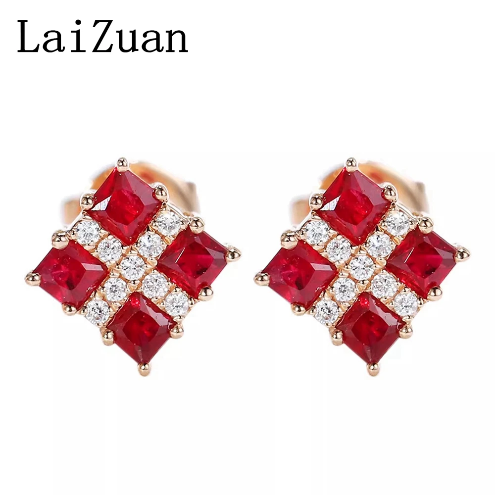 LaiZuan Solid 18K Rose Gold Cross Shape Sapphire/Ruby/Emerald Stud Earrings Real Diamonds Women's Antique Anniversary Party