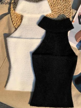 セクシーな Y2k クロップトップス秋のファッションタンク 2025 女性服固体すべて一致ベスト韓国ノースリーブホルター背中の開いたニット