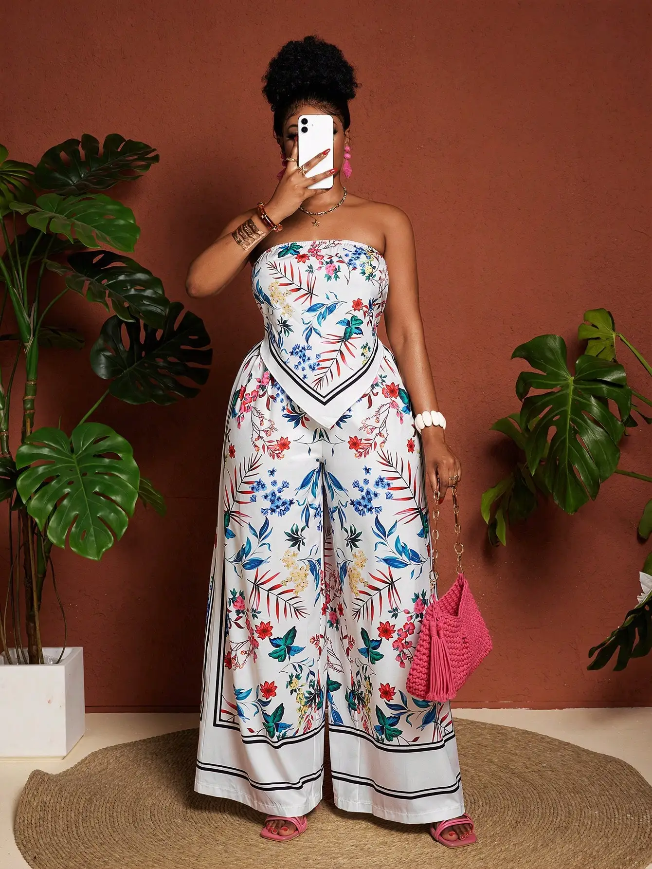 

Комплект из топа-бандо с цветочным принтом и широких брюк для летнего отдыха, повседневный пляжный наряд