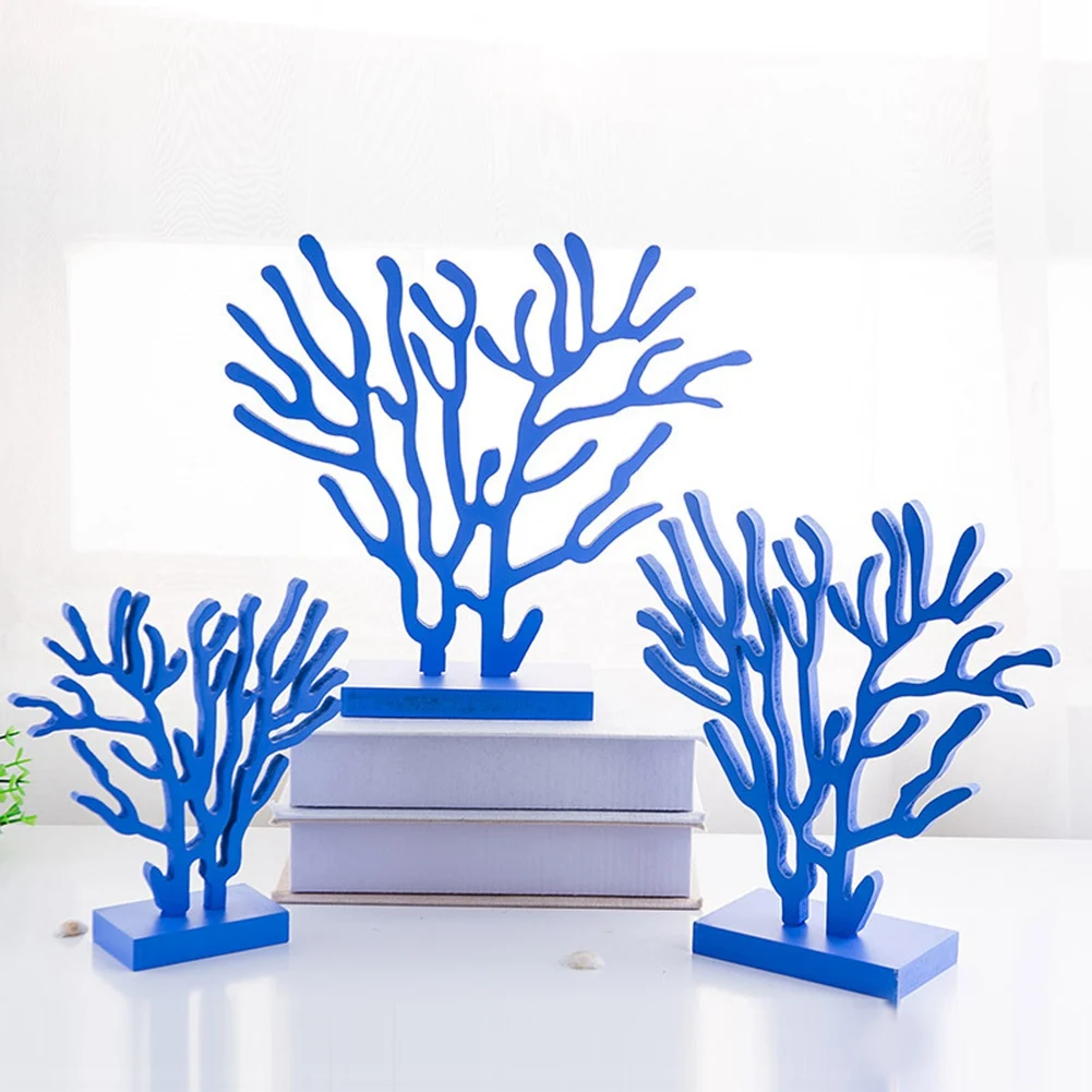 

Mediterranean Style Wooden Coral Tree Ornaments Three-Piece Set of Home Furnishings Blue