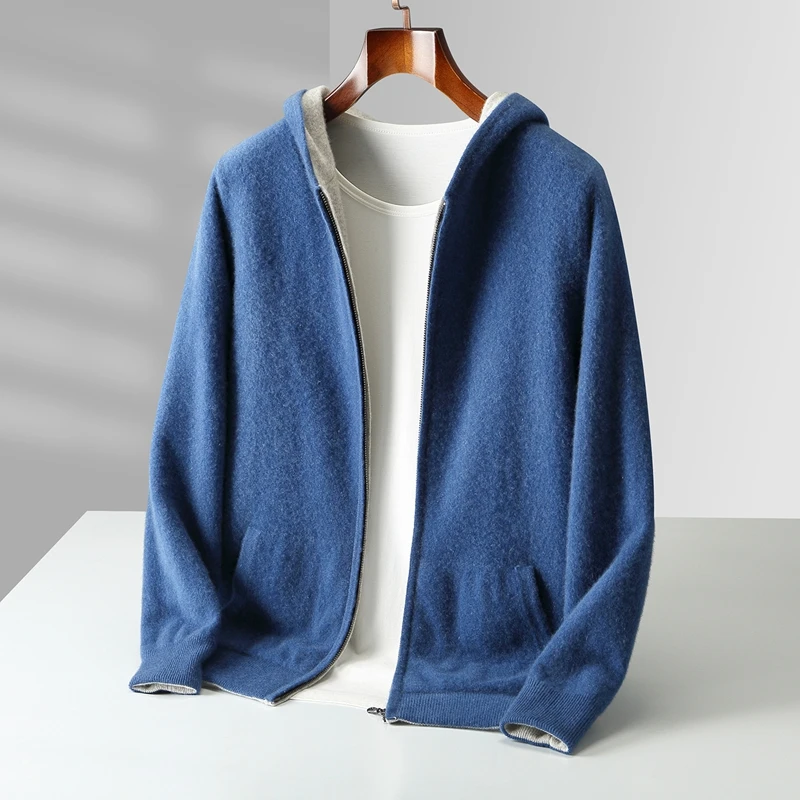 Autunno e inverno nuovi uomini double-face indossati felpe con cappuccio in cashmere imbottito cardigan cappotti caldi casual lavorati a maglia