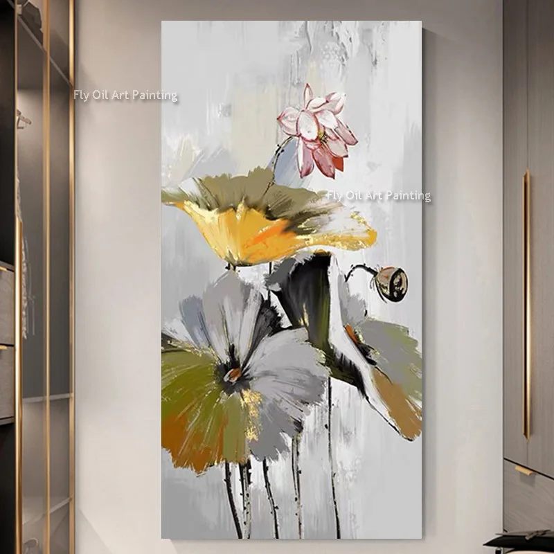 Original Gray Lotus Leaves Oil Paintting Handpainted Green Leaf Pink Lotus Thick Canvas Wall Art Modern Artwork For Home Decor