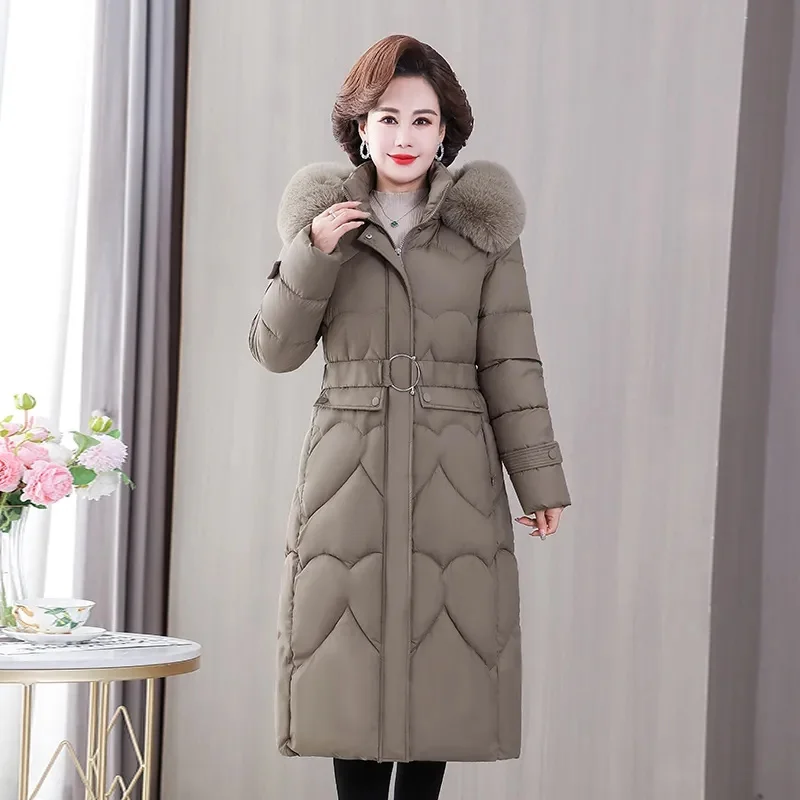 2023 New Winter Jacket Parkas Women Fur Collar Hooded Thicke Down Cotton Jacket Middle-Aged Female Coat Mother Warm Long Outwear