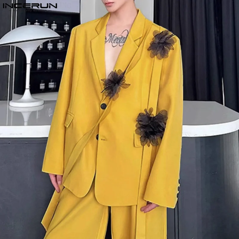 INCERUN Tops 2024 Korean Style Fashion Men Floral Ribbon Decoration Design Suit Coat Casual Male Solid Loose Long Sleeved Blazer
