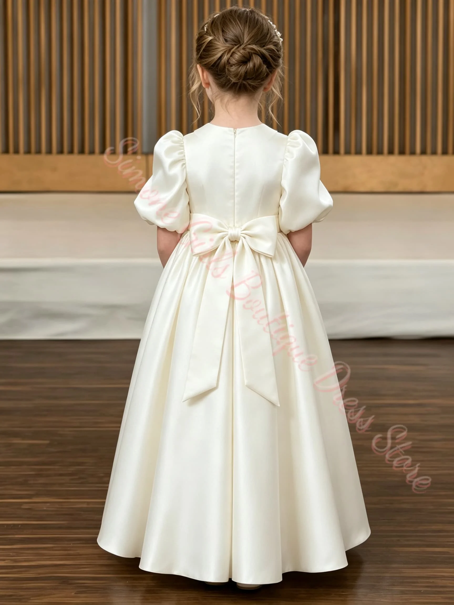 Maßgeschneidertes blaues Blumenmädchenkleid für Hochzeiten, plissiert, hohe Taille, halbe Ärmel, bauschiges Kleid für Kindergeburtstage, Erstkommunion. – Detail 4