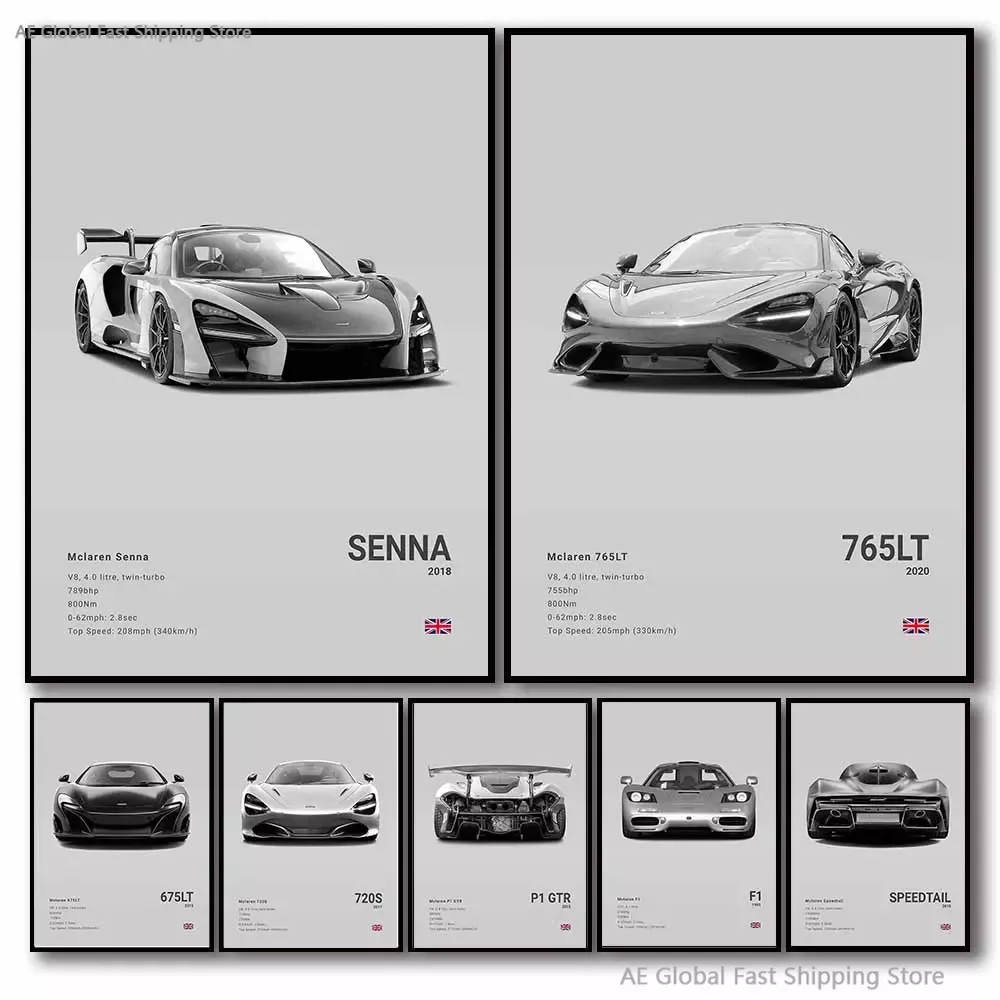 Supercar Sport P1 GTR Speed ​​Canvas Print Wall Art Black And White Luxury Car F1 Senna Poster Aesthetic Garage Room Decor