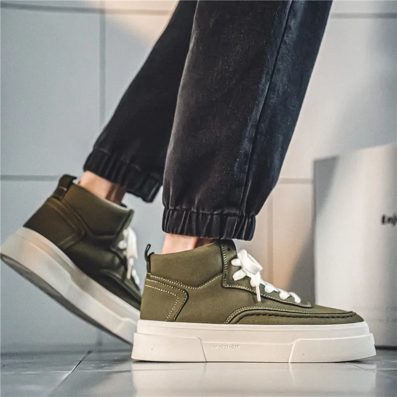 Hot Sale Khaki Men\'s Vulcanize Shoes Breathable Men High Top Skateboarding Shoes Platform Casual Canvas Sneakers Men Espadrilles