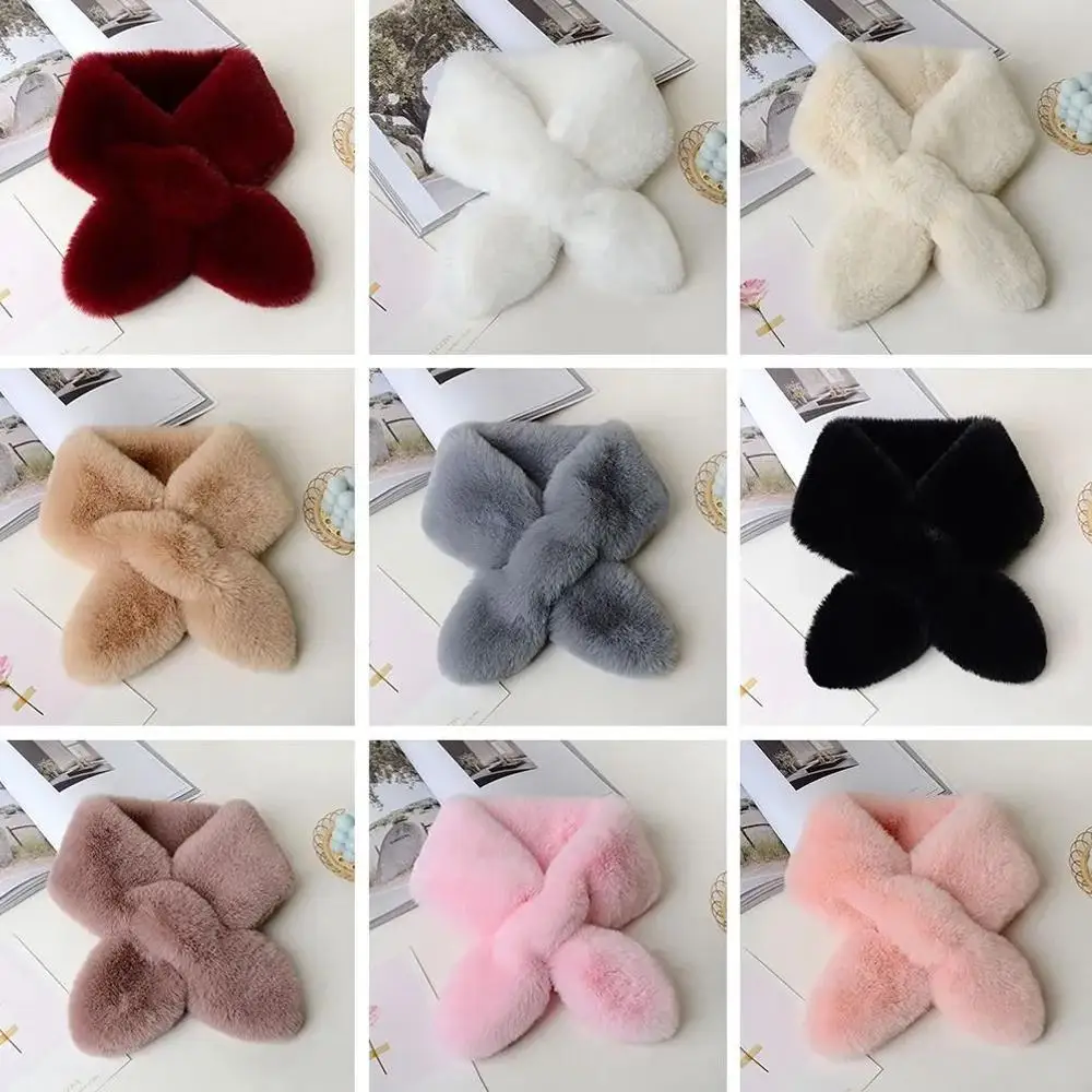 Bonito falso pele de coelho cruz cachecol pescoço mais quente feminino cor sólida pelúcia engrossado inverno gola de pele acessórios versáteis