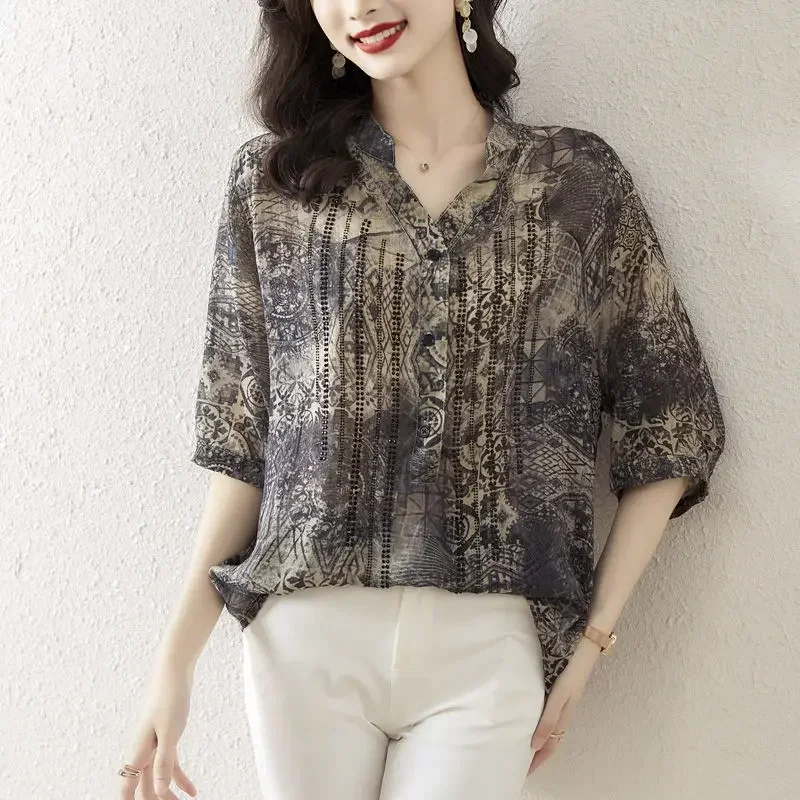 

Vintage Printed Fashion Button Shirt Female Elegant Irregular Spring Summer 3/4 Sleeve Straight Commute Diamonds V-Neck Blouse