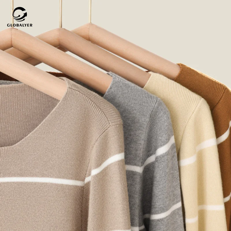 

New Warm Underwear Female Jacket Square neck Autumn clothes Stripe Sweater Interior lapping Wear out Knitting Undercoat 030