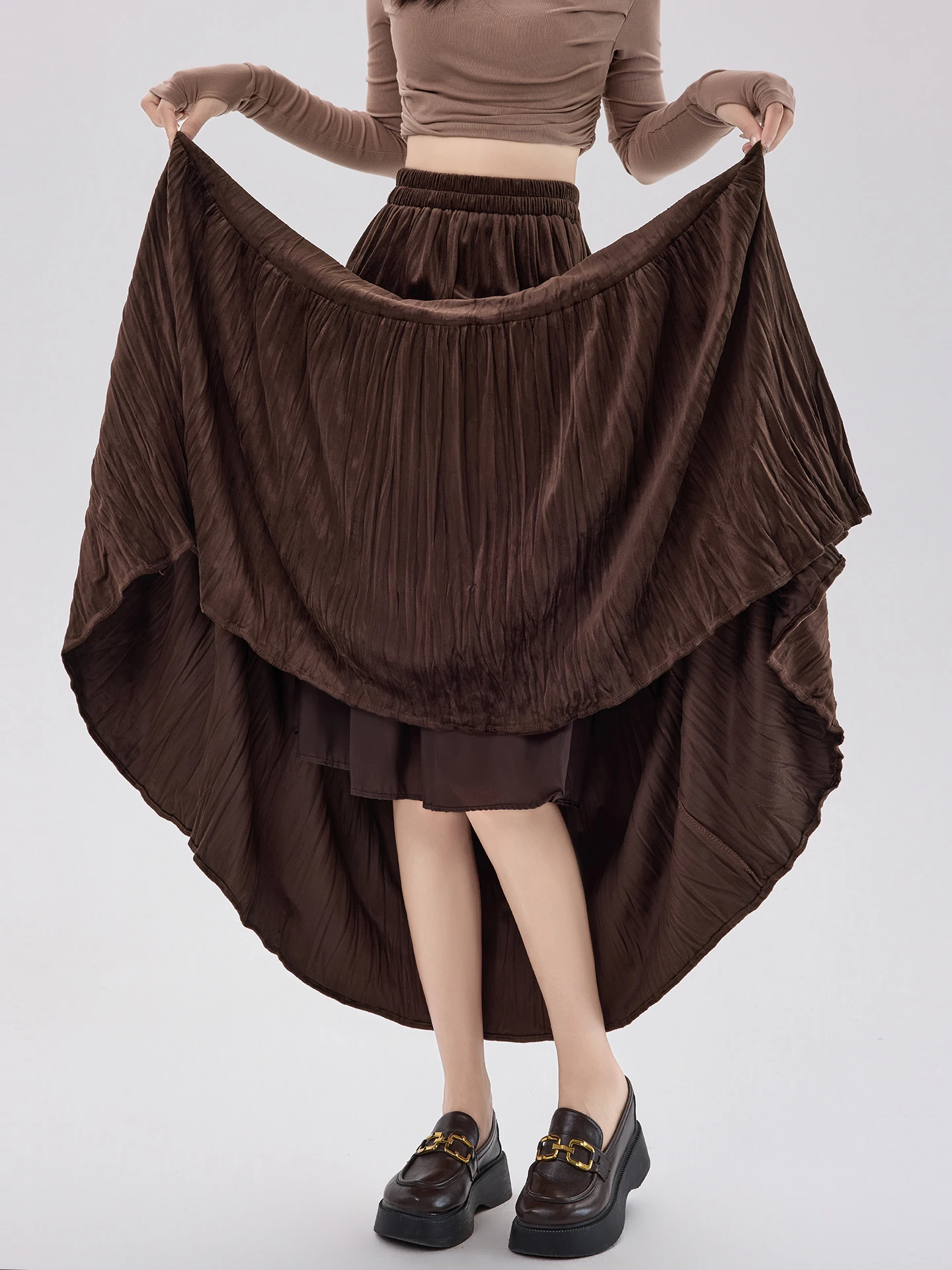High Waist Velvet Pleated Skirt Women's Autumn Winter Cake Style Half Body Skirt Textured Pressed Patchwork A-Line Umbrella S...